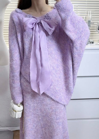 Purple Asymmetrical Bow Knit Sweaters Winter