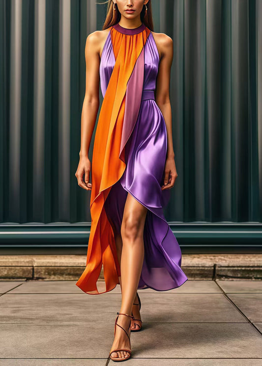 Purple Asymmetrical Patchwork Silk Holiday Dress Summer