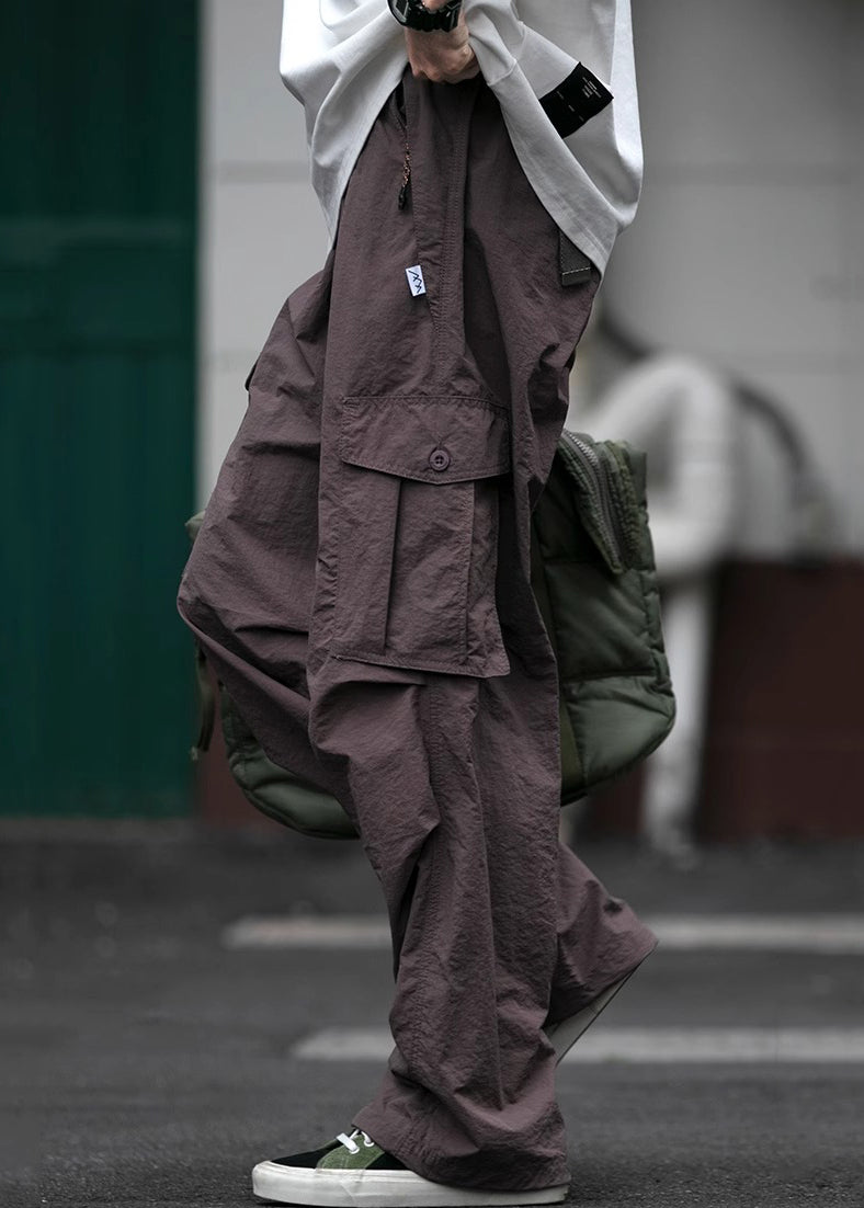 Purple Button Pockets Cotton Pants Elastic Waist Spring