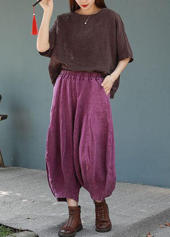 Purple Elastic Waist Pockets Patchwork Cotton Lantern Pants Summer