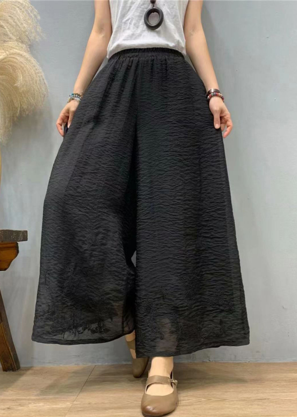 Purple Embroidered Elastic Waist Linen Silk Wide Leg Pants Summer