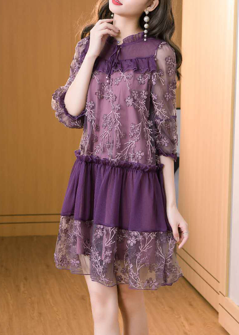Purple Embroidered Patchwork Chiffon Mini Dress Summer