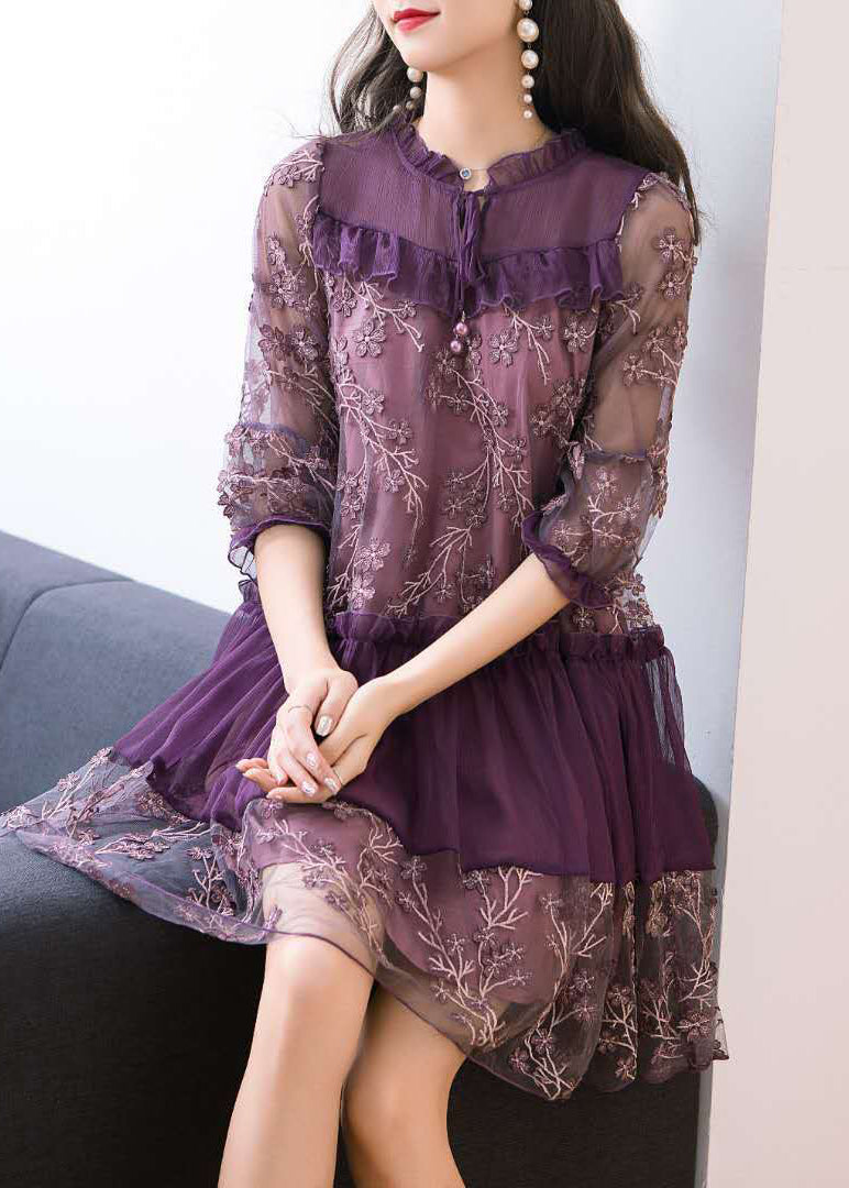 Purple Embroidered Patchwork Chiffon Mini Dress Summer
