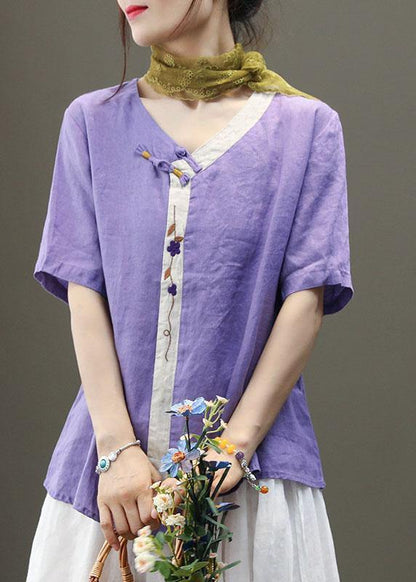 Purple Embroideried Asymmetrical Design Patchwork Summer Linen Blouse Top Short Sleeve