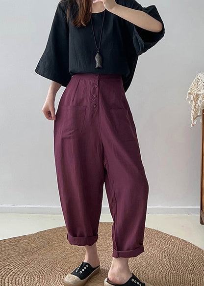 Purple High Waist Button Down Cotton Pants Trousers Fall