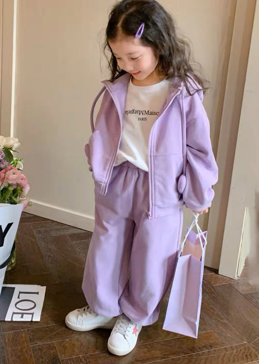 Purple Hooded Top and Pants Cotton Baby Two Pieces Set Fall
