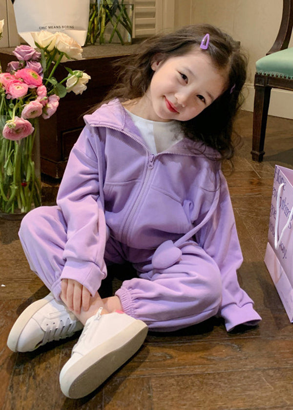Purple Hooded Top and Pants Cotton Baby Two Pieces Set Fall