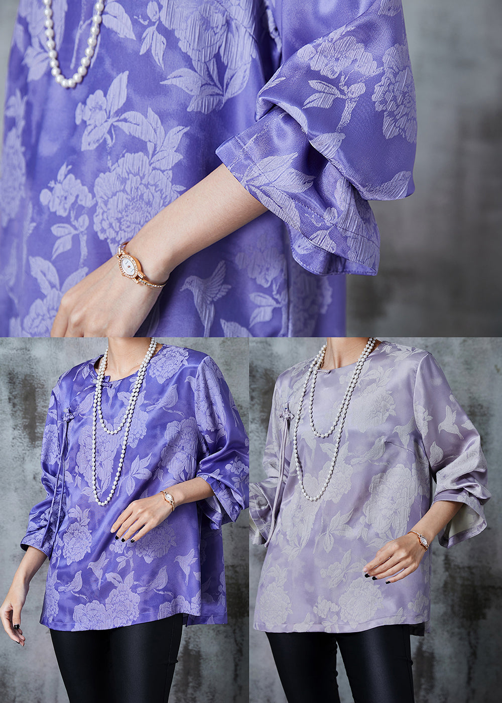 Casual Purple Jacquard Silk Oriental Shirt Top Fall