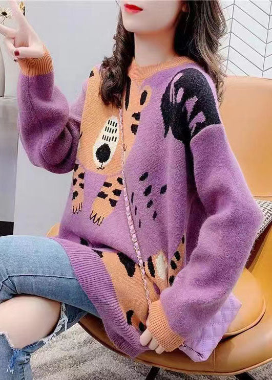 Purple O-neck Cartoon Print Thick Knit Sweater Tops Winter