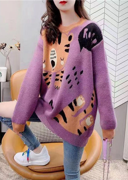 Purple O-neck Cartoon Print Thick Knit Sweater Tops Winter