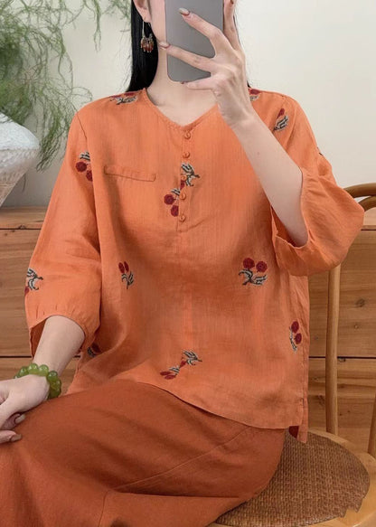 Purple O Neck Embroidered Linen Shirts Summer