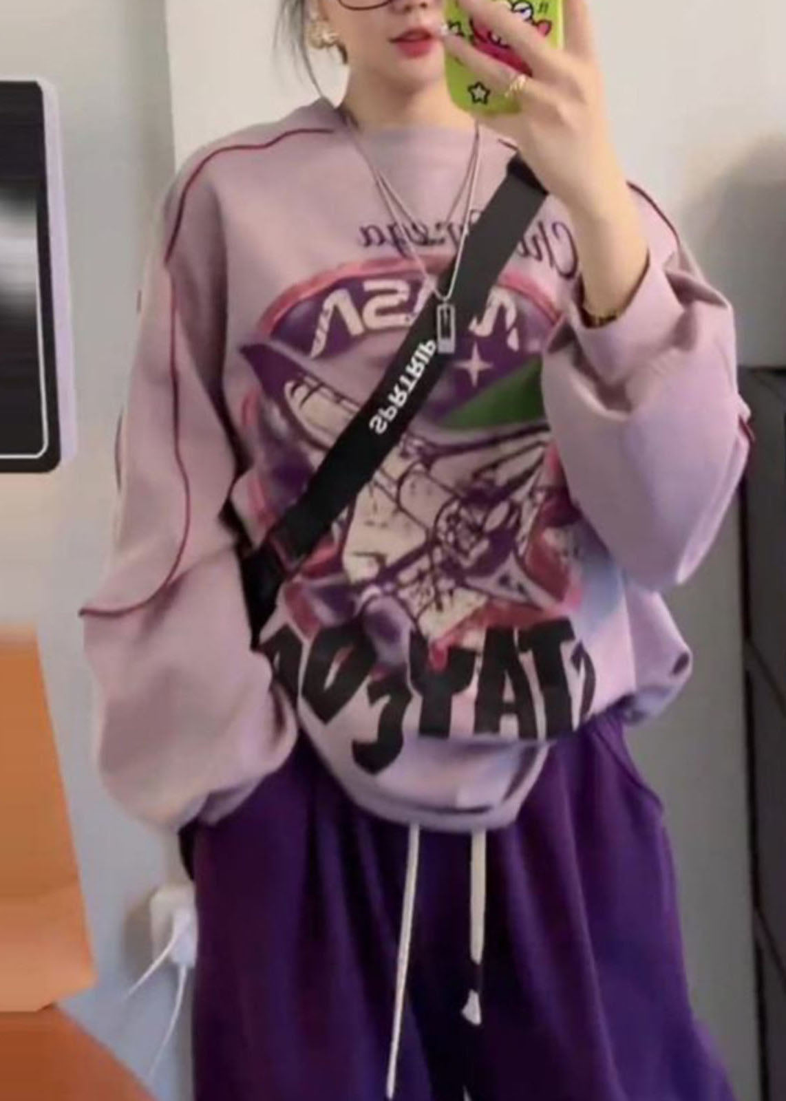 Purple O-neck Print Pullover and Beam Pants Two Piece Set Fall