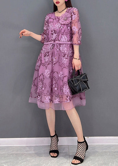 Purple O-neck Print Tie Waist Tulle Patchwork Chiffon Dresses Three Quarter Sleeve