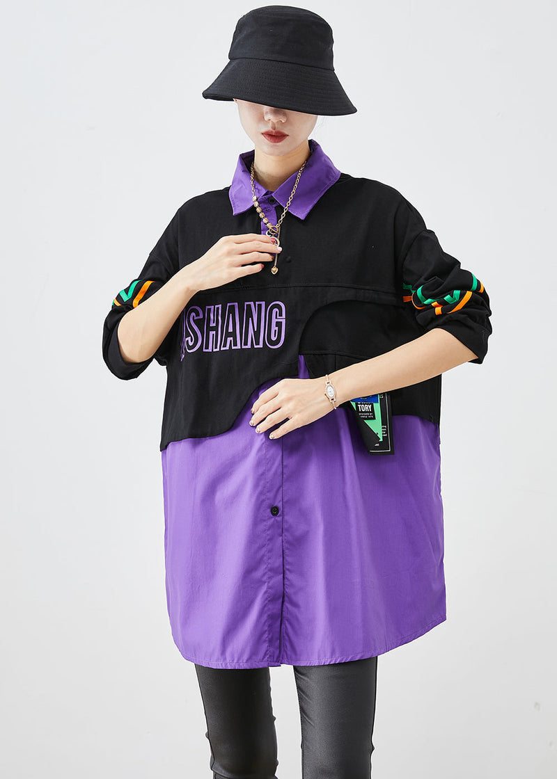 Purple Oversized Patchwork Cotton Fake Two Piece Sweatshirts Top Fall