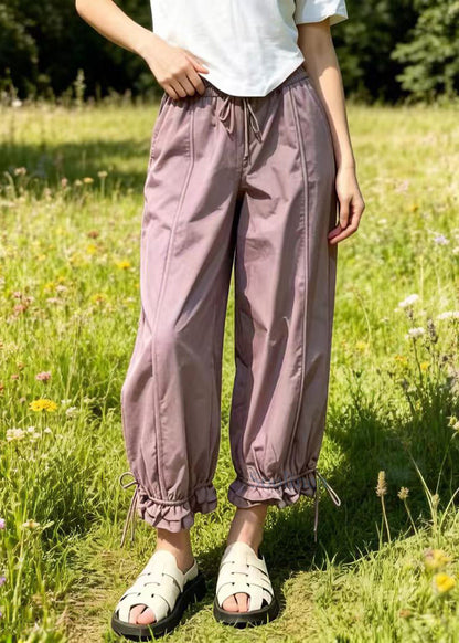 Purple Oversized Pockets Cotton Beam Pants Summer