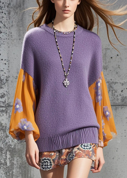 Purple Patchwork Flower Knitted Tops Fall