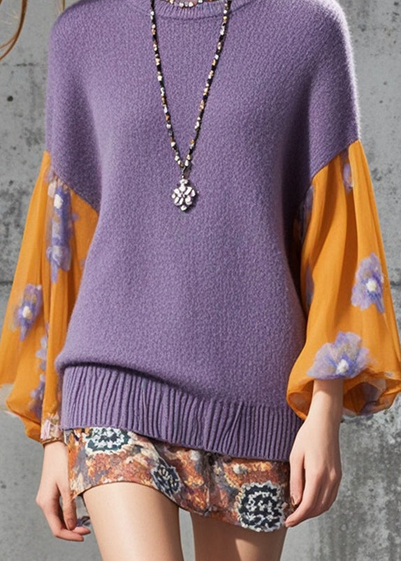 Purple Patchwork Flower Knitted Tops Fall