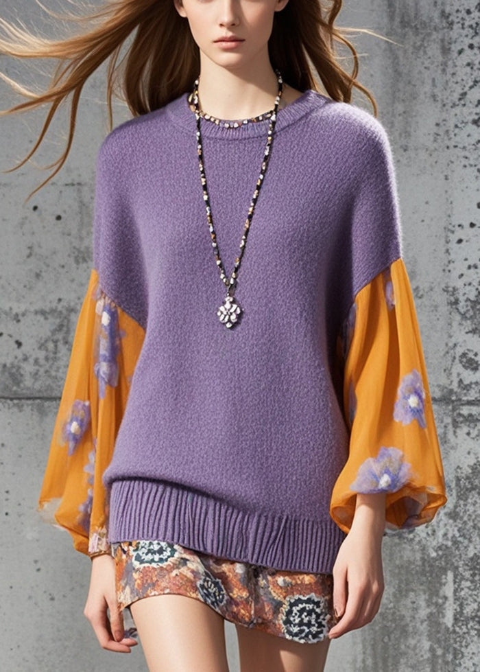 Purple Patchwork Flower Knitted Tops Fall
