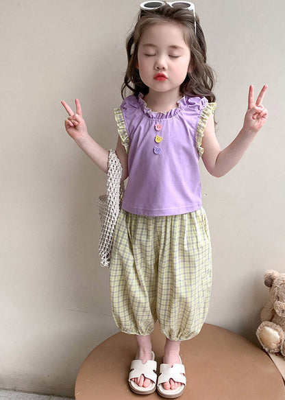 Purple Patchwork Top and Crop Pants Two Pieces Set Summer