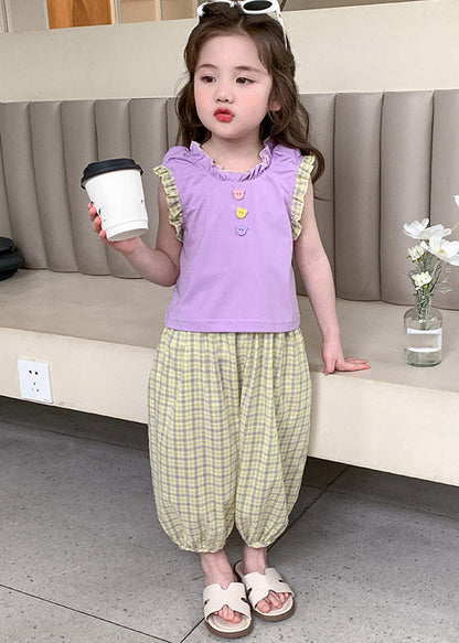 Purple Patchwork Top and Crop Pants Two Pieces Set Summer