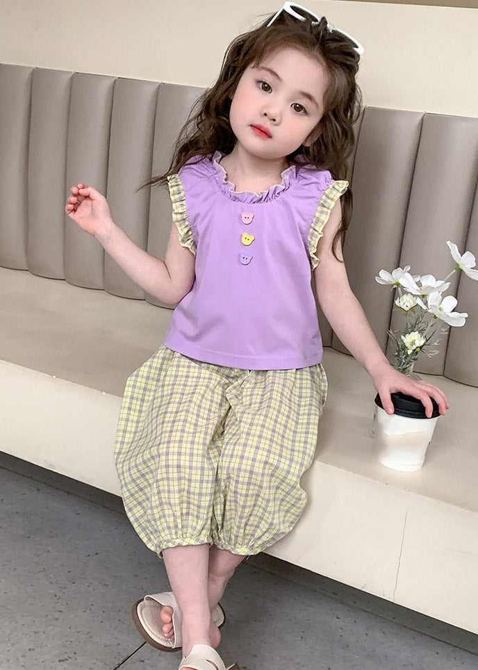 Purple Patchwork Top and Crop Pants Two Pieces Set Summer