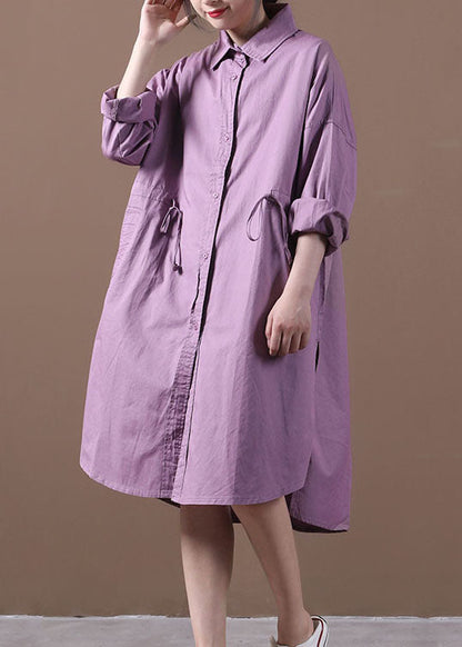 Purple Peter Pan Collar Button Cotton Shirt Dresses Long Sleeve