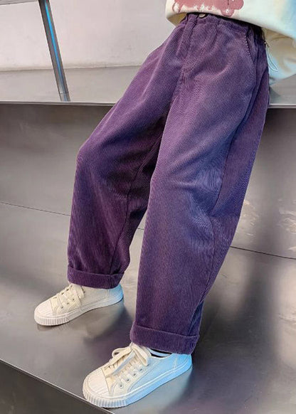 Purple Pockets Elastic Waist Corduroy Kids Straight Pants Spring
