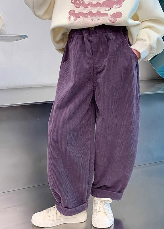 Purple Pockets Elastic Waist Corduroy Kids Straight Pants Spring