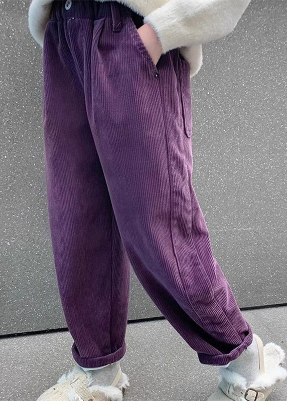 Purple Pockets Elastic Waist Corduroy Kids Straight Pants Spring