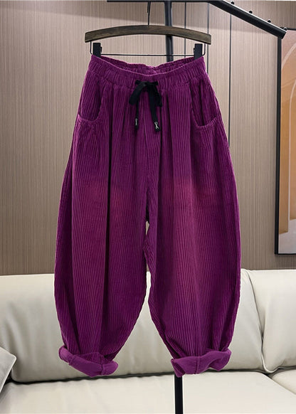 Purple Pockets Elastic Waist Patchwork Corduroy Pants Fall