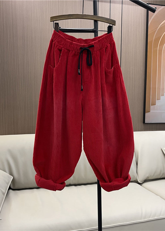 Purple Pockets Elastic Waist Patchwork Corduroy Pants Fall