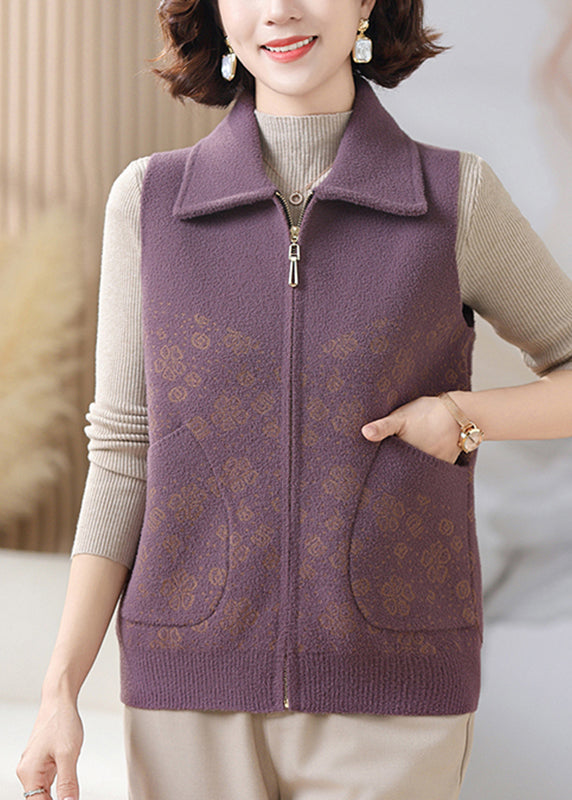 Purple Pockets Patchwork Knit Waistcoat Sleeveless