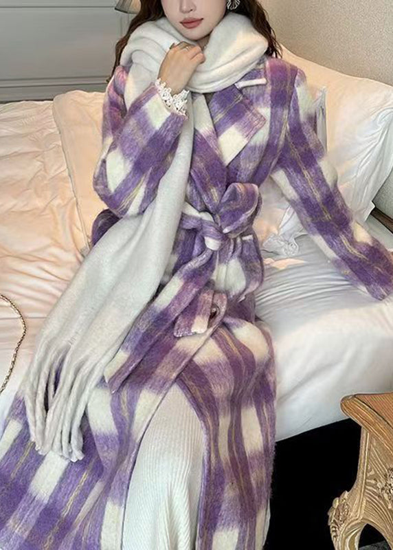 Purple Pockets Plaid Patchwork Long Woolen Coats Spring
