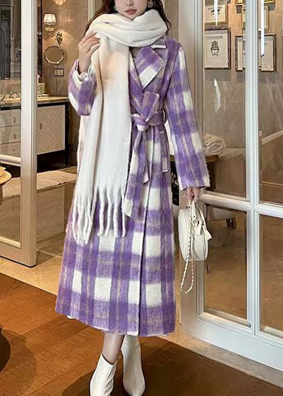 Purple Pockets Plaid Patchwork Long Woolen Coats Spring