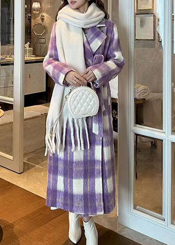 Purple Pockets Plaid Patchwork Long Woolen Coats Spring