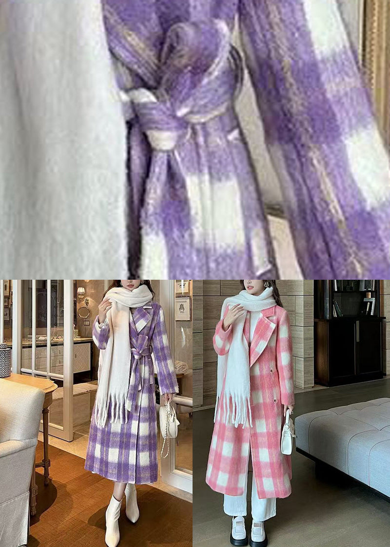 Purple Pockets Plaid Patchwork Long Woolen Coats Spring