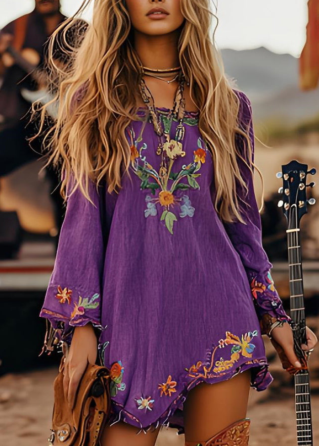 Purple Print Cotton Mid Dresses Long Sleeve