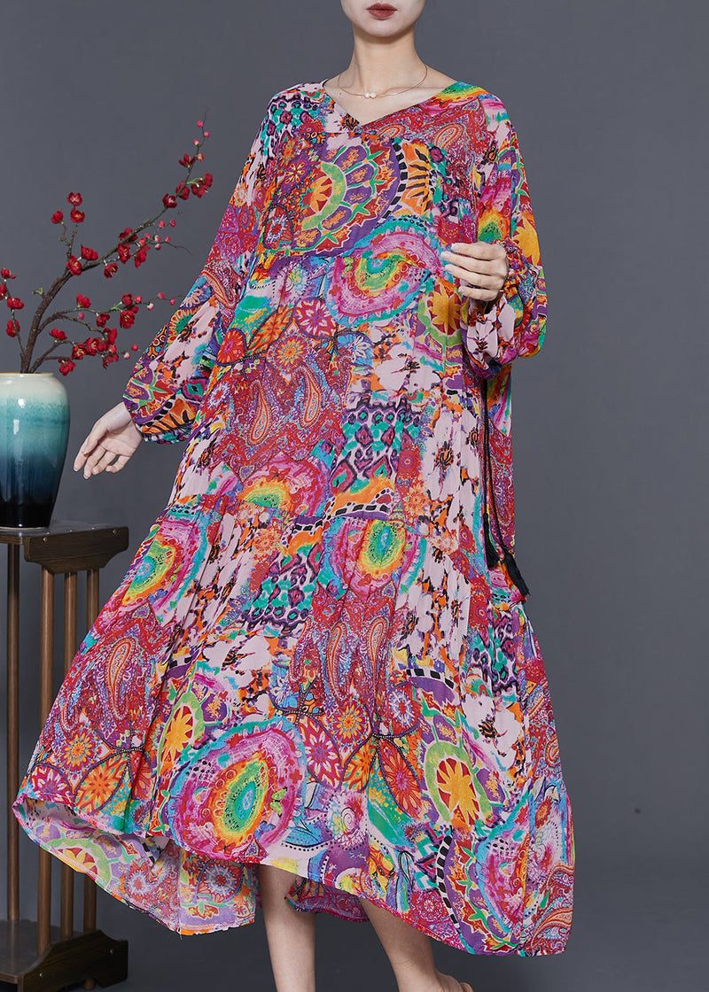 Purple Print Drawstring Chiffon Maxi Dresses Spring