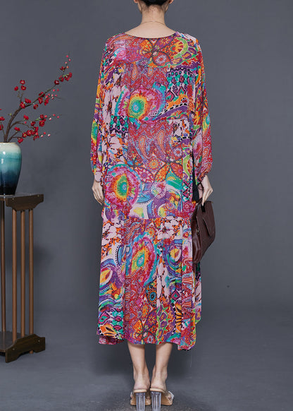 Purple Print Drawstring Chiffon Maxi Dresses Spring