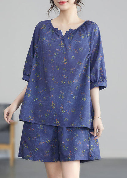 Purple Print Wrinkled Tops and Shortscotton Two Pieces Set Summer