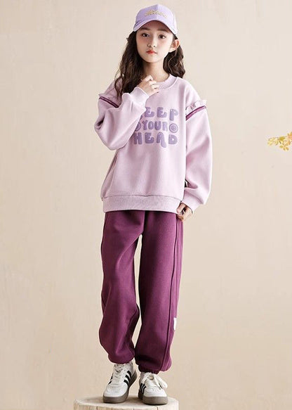 Purple Ruffled Patchwork Kids Warm Fleece Sweatshirt and Beam Pants Two Piece Set Spring