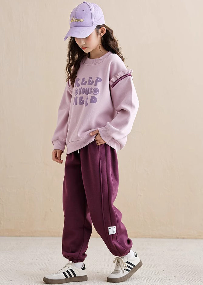 Purple Ruffled Patchwork Kids Warm Fleece Sweatshirt and Beam Pants Two Piece Set Spring