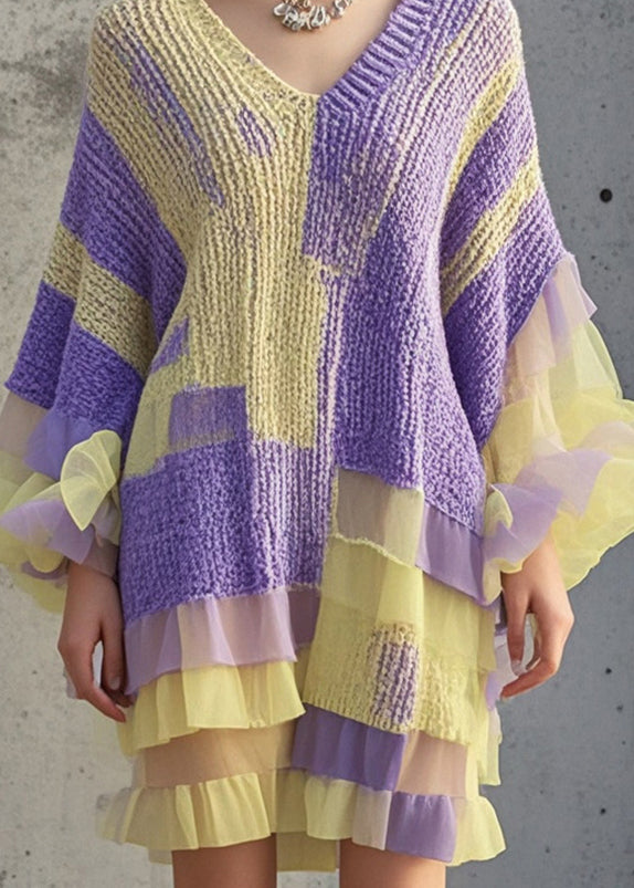 Purple Ruffled Patchwork Knit Sweater Dress Fall