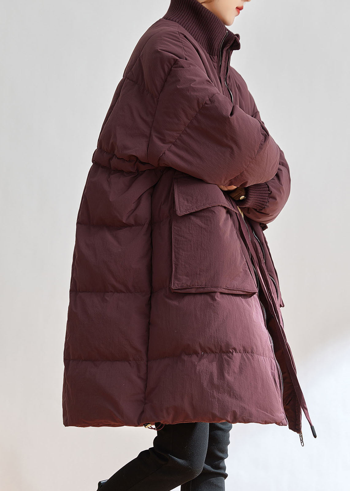 Purple Stand Collar Zippered Duck Down Down Coat Winter