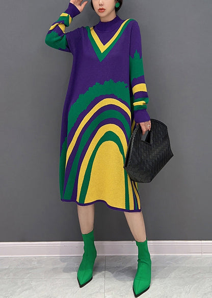 Purple Turtleneck Striped Knit Vacation Dresses Fall