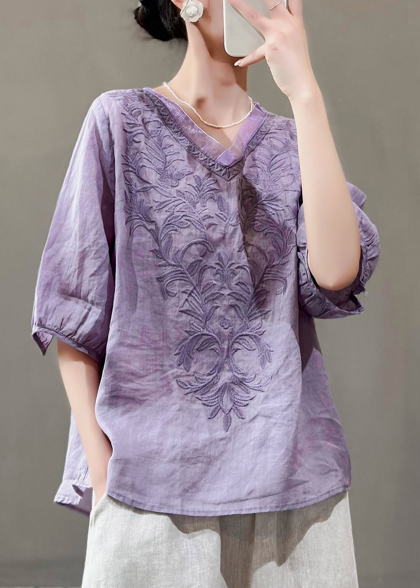 Purple V Neck Embroidered Linen T Shirts Summer