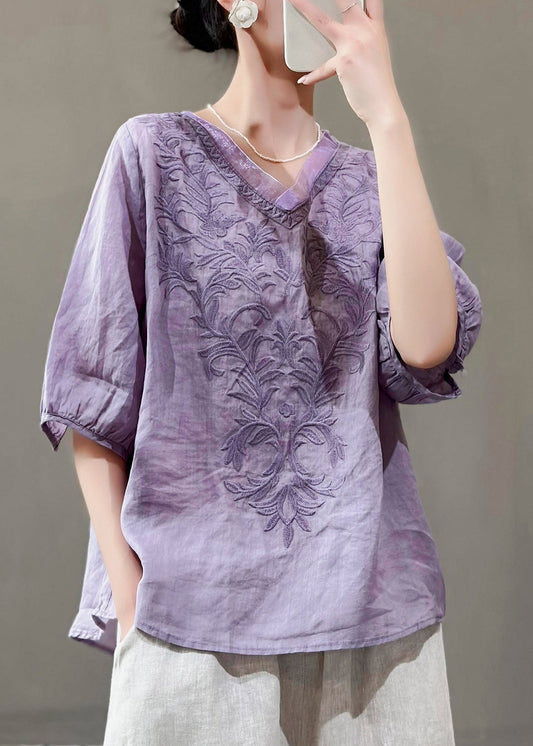 Purple V Neck Embroidered Linen T Shirts Summer
