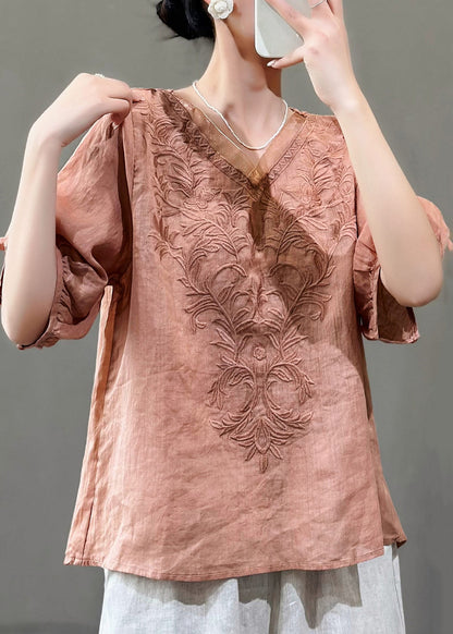 Purple V Neck Embroidered Linen T Shirts Summer