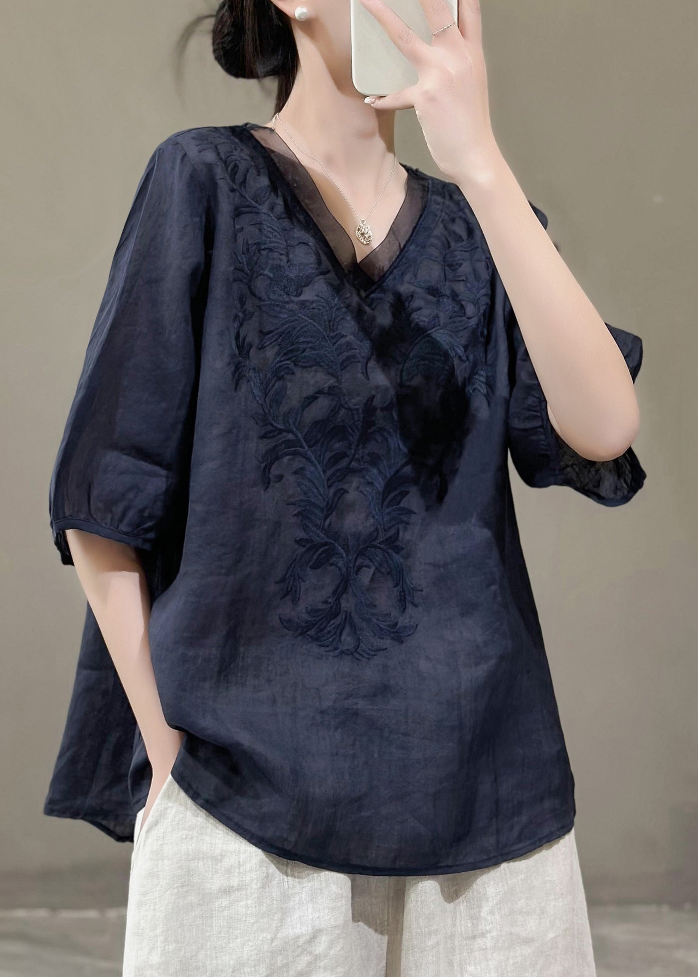 Purple V Neck Embroidered Linen T Shirts Summer