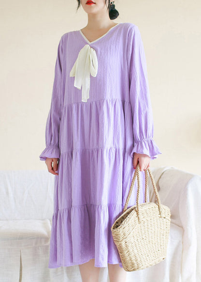 Purple V Neck Patchwork Cotton Maxi Dress Long Sleeve